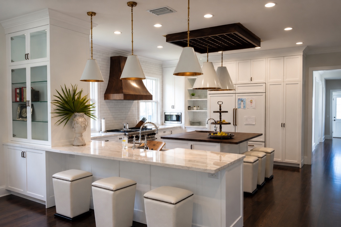 White kitchen with brass pendants and custom range hood
