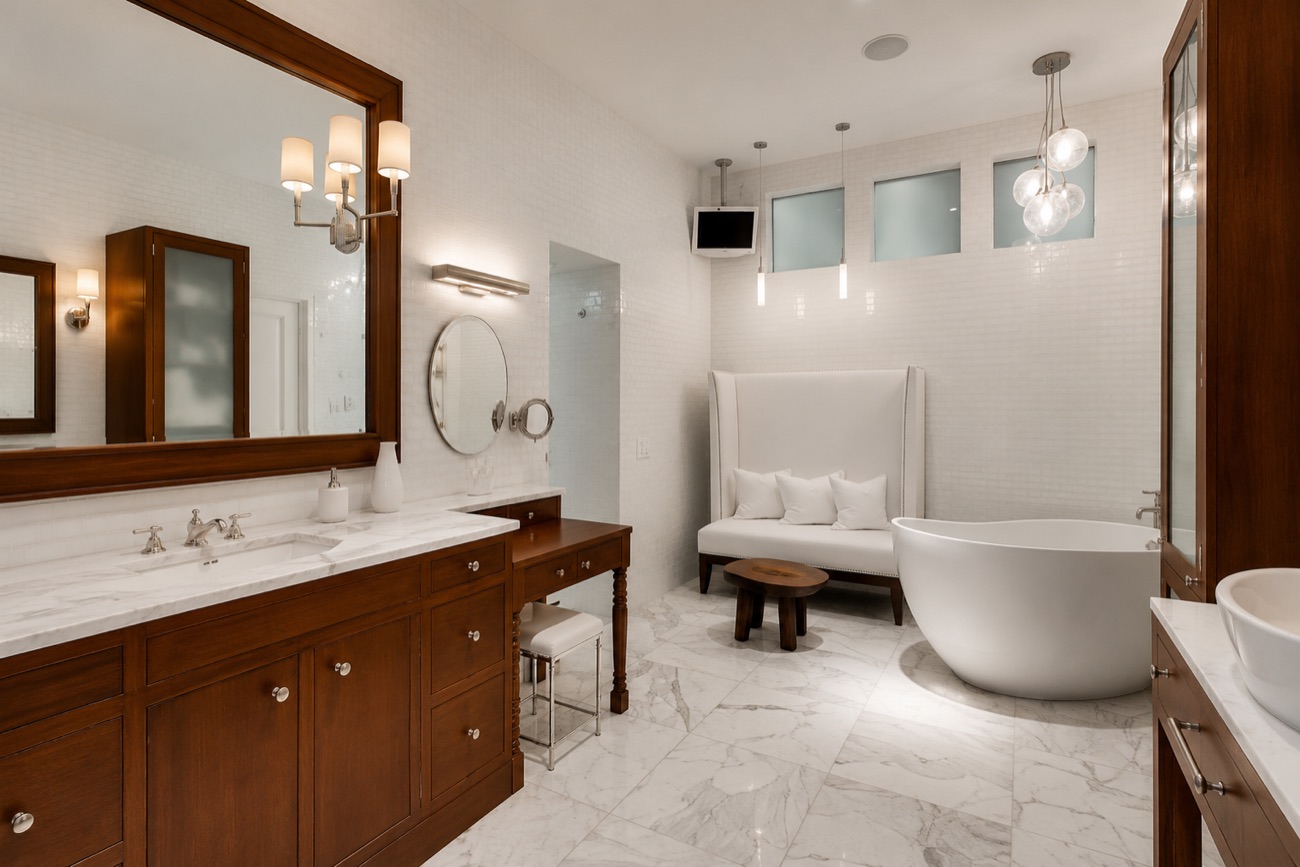Marble primary bath with freestanding tub