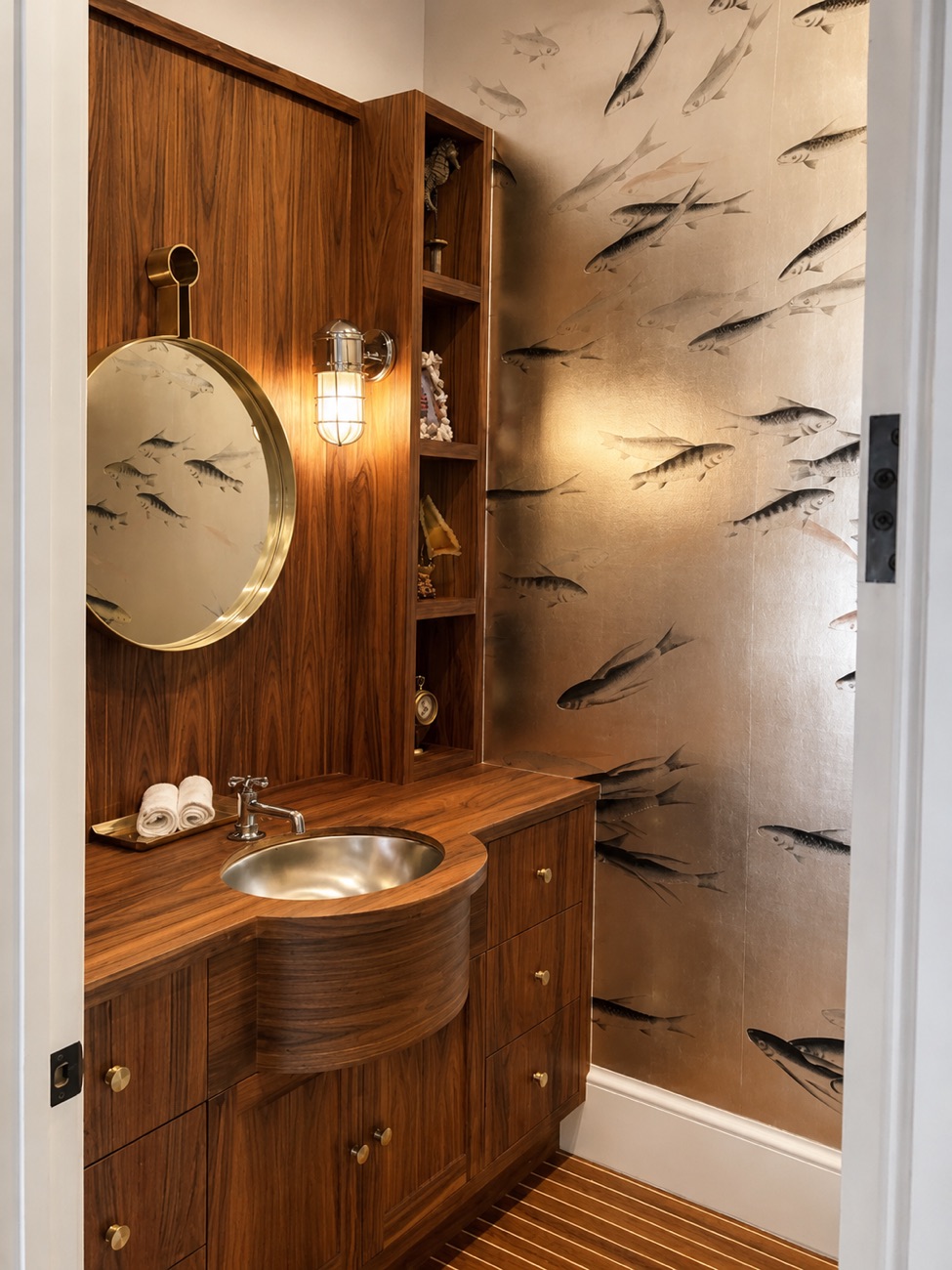 Powder room with walnut vanity and bespoke wallcovering