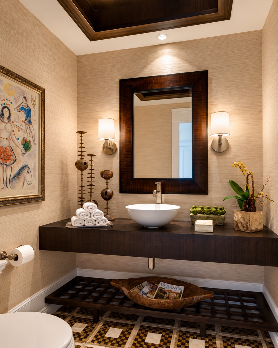 Powder room with grasscloth walls and vessel sink